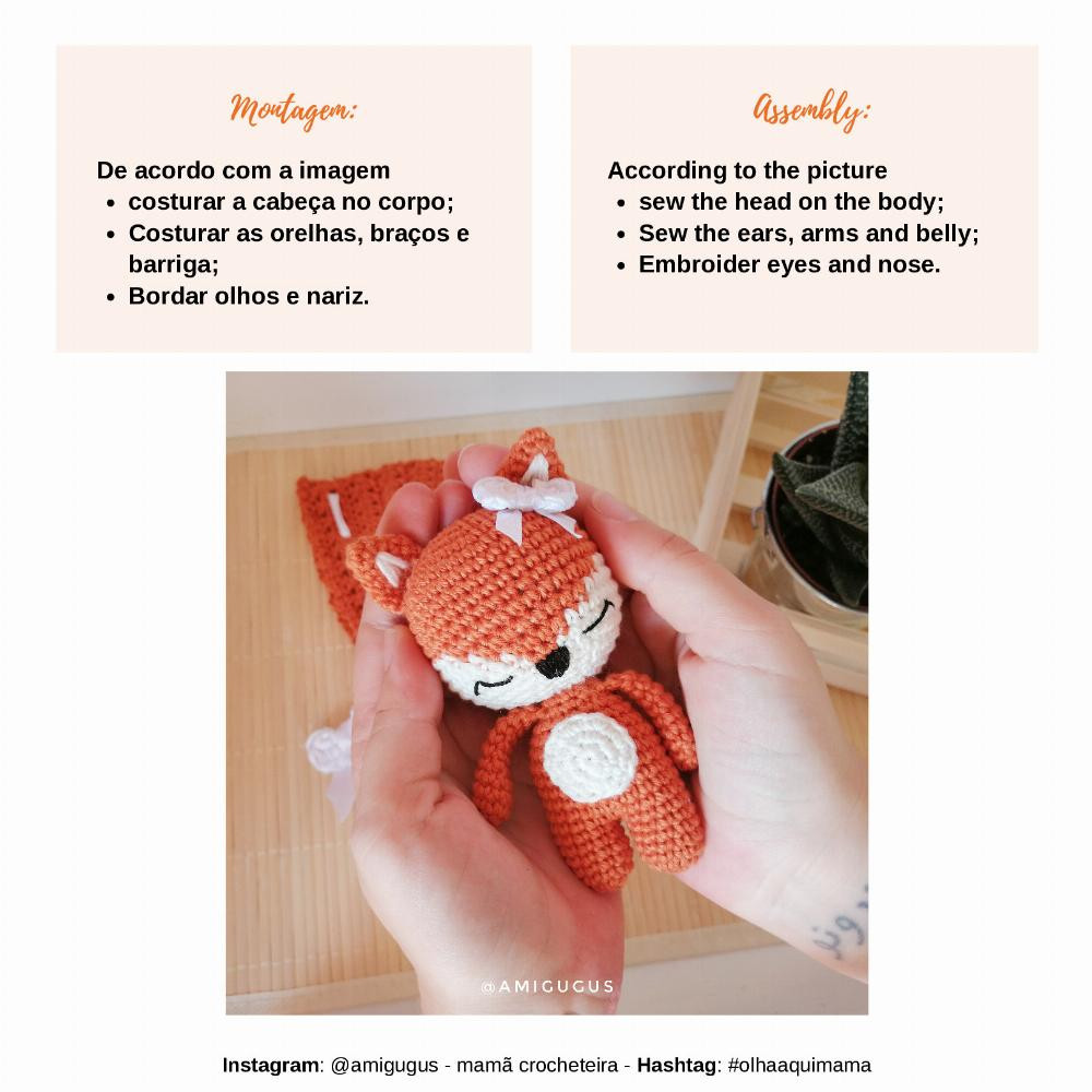 Crochet pattern of a sleeping fox wearing a bow