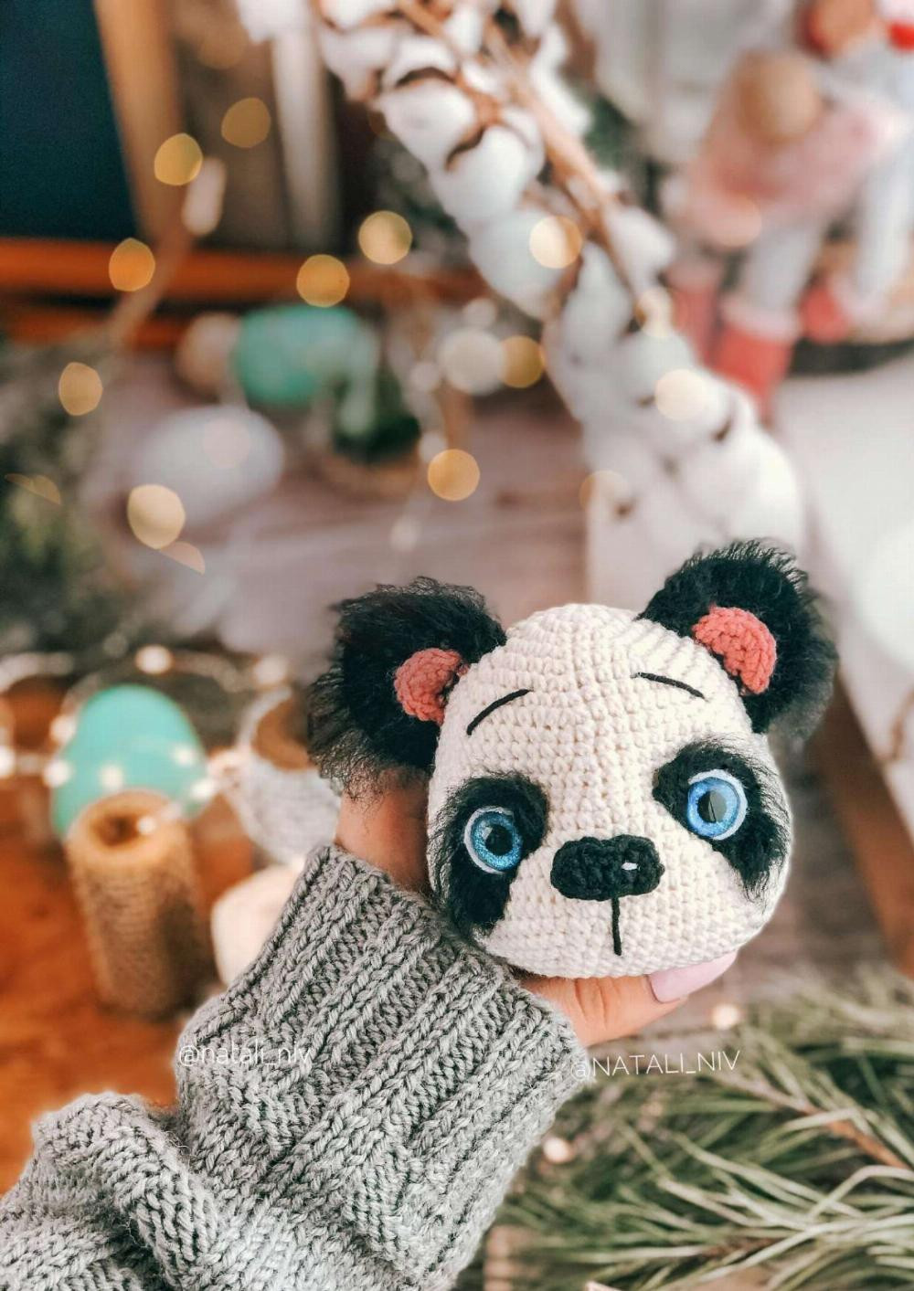 crochet pattern panda, panda wearing a dress and a mane of hair