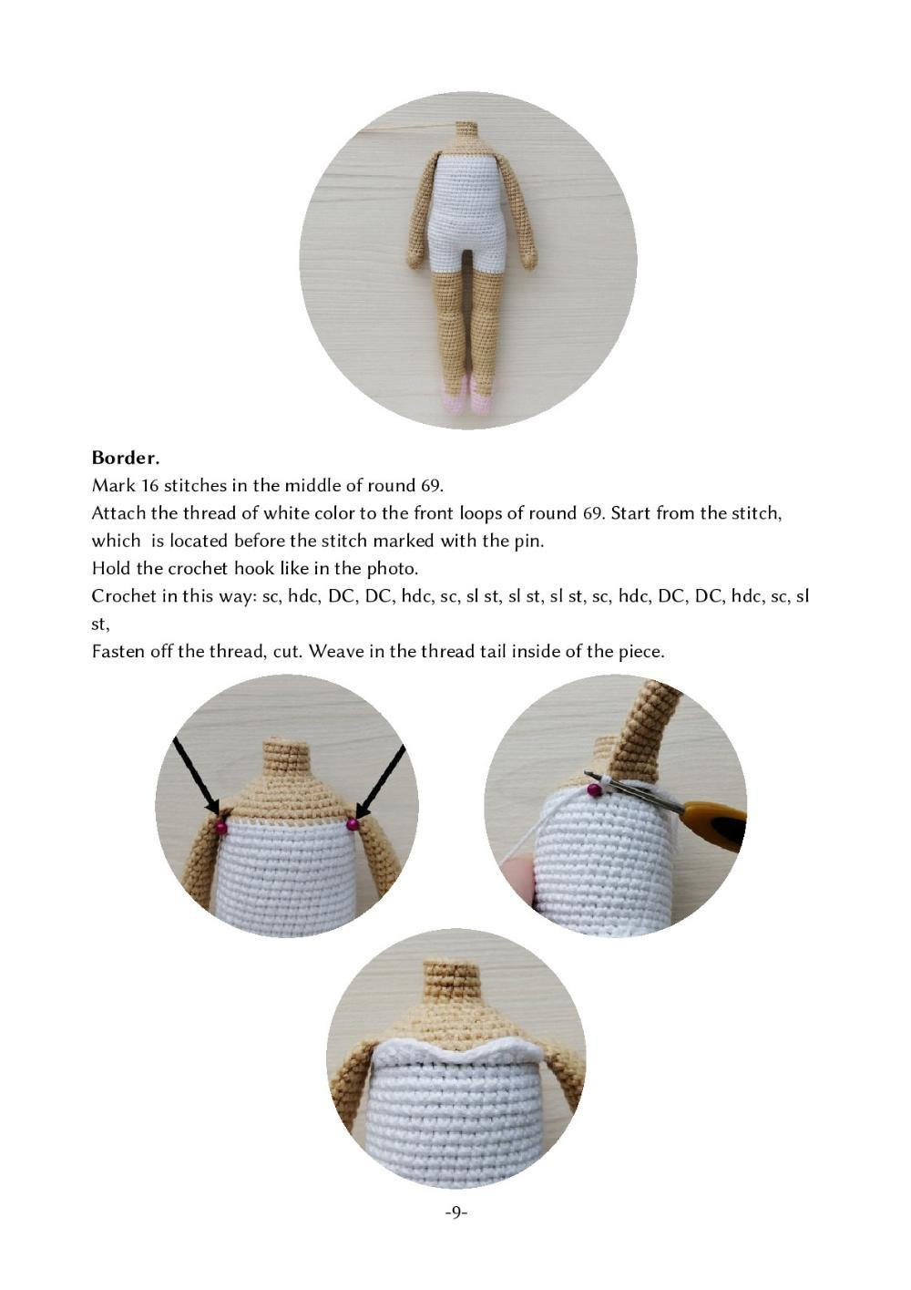 Crochet toy pattern Eva, Crochet pattern for a little girl doll wearing a white dress