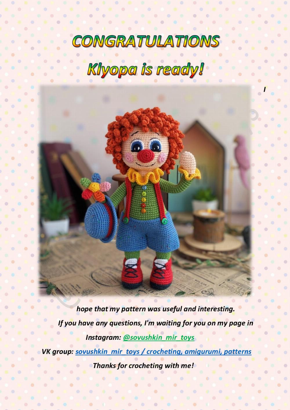 crochet toy pattern klyopa the clown