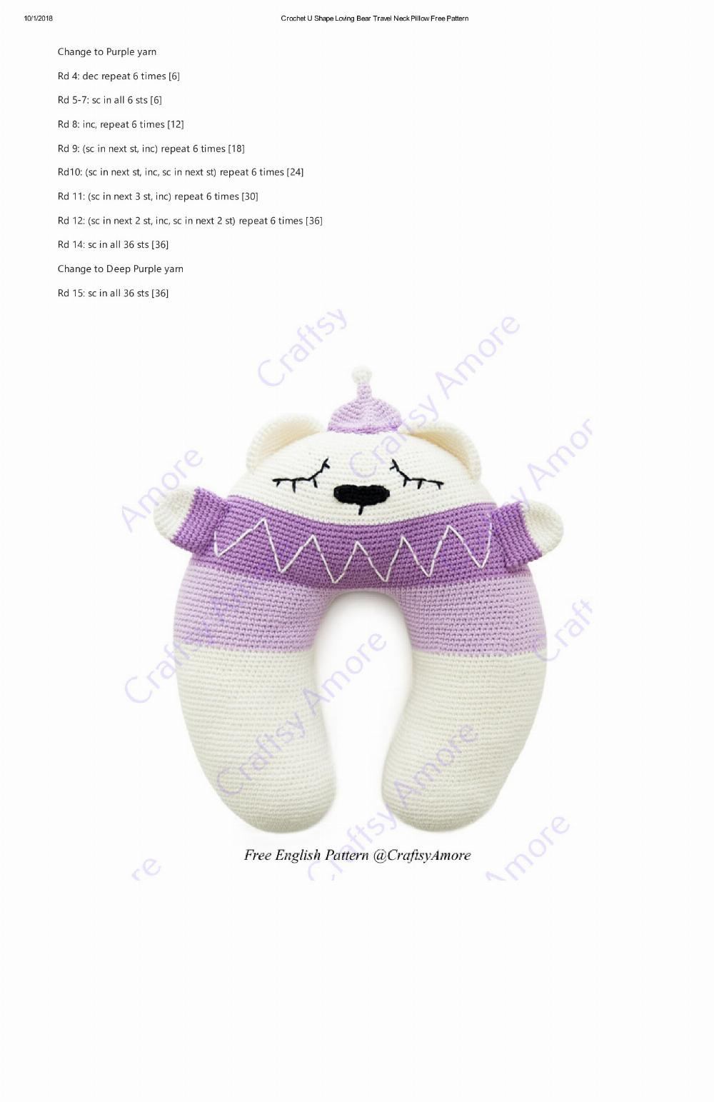 Crochet U Shape Loving Bear Travel Neck Pillow Free Pattern