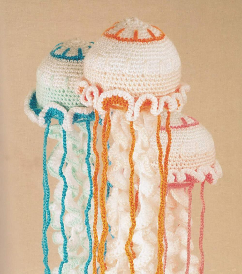 crocheted sea creatures A collection, starfish, whale, jelly fish, shark, puffer fish,  lobster, sea urchin, hermit crab, seahorse, octopus, angler fish, nautilus,