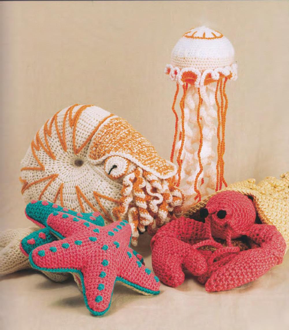 crocheted sea creatures A collection, starfish, whale, jelly fish, shark, puffer fish,  lobster, sea urchin, hermit crab, seahorse, octopus, angler fish, nautilus,