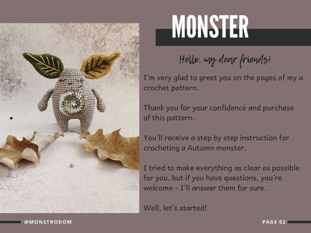 Crocheting description Assembly and design Autumn monster