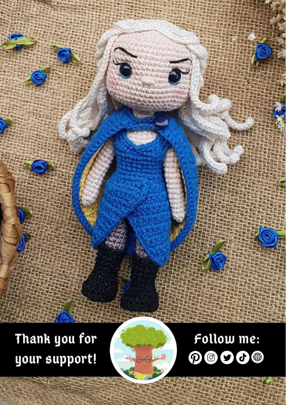 Daenerys Targaryen DIGITAL PATTERN, Girl doll crochet pattern with white hair and blue dress