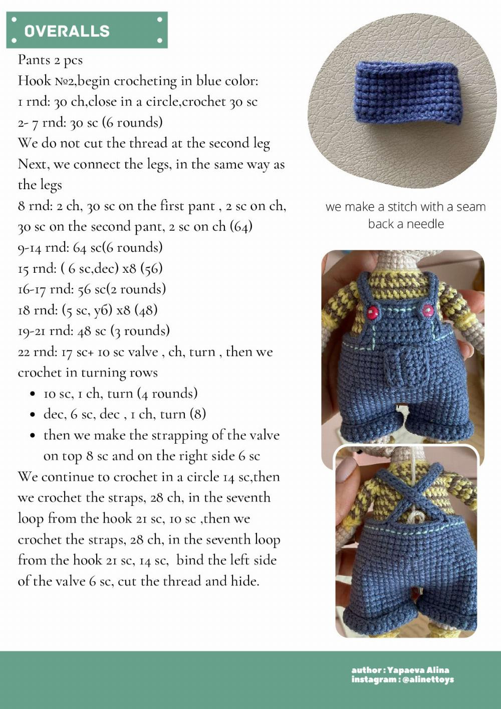 DOLL AGNES, Crochet pattern for a black-haired girl doll wearing overalls and a unicorn horse