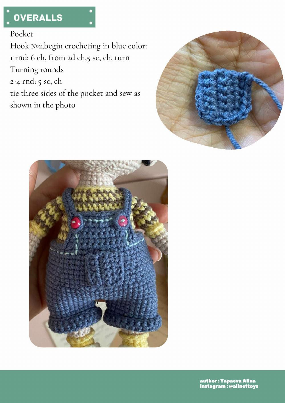 DOLL AGNES, Crochet pattern for a black-haired girl doll wearing overalls and a unicorn horse