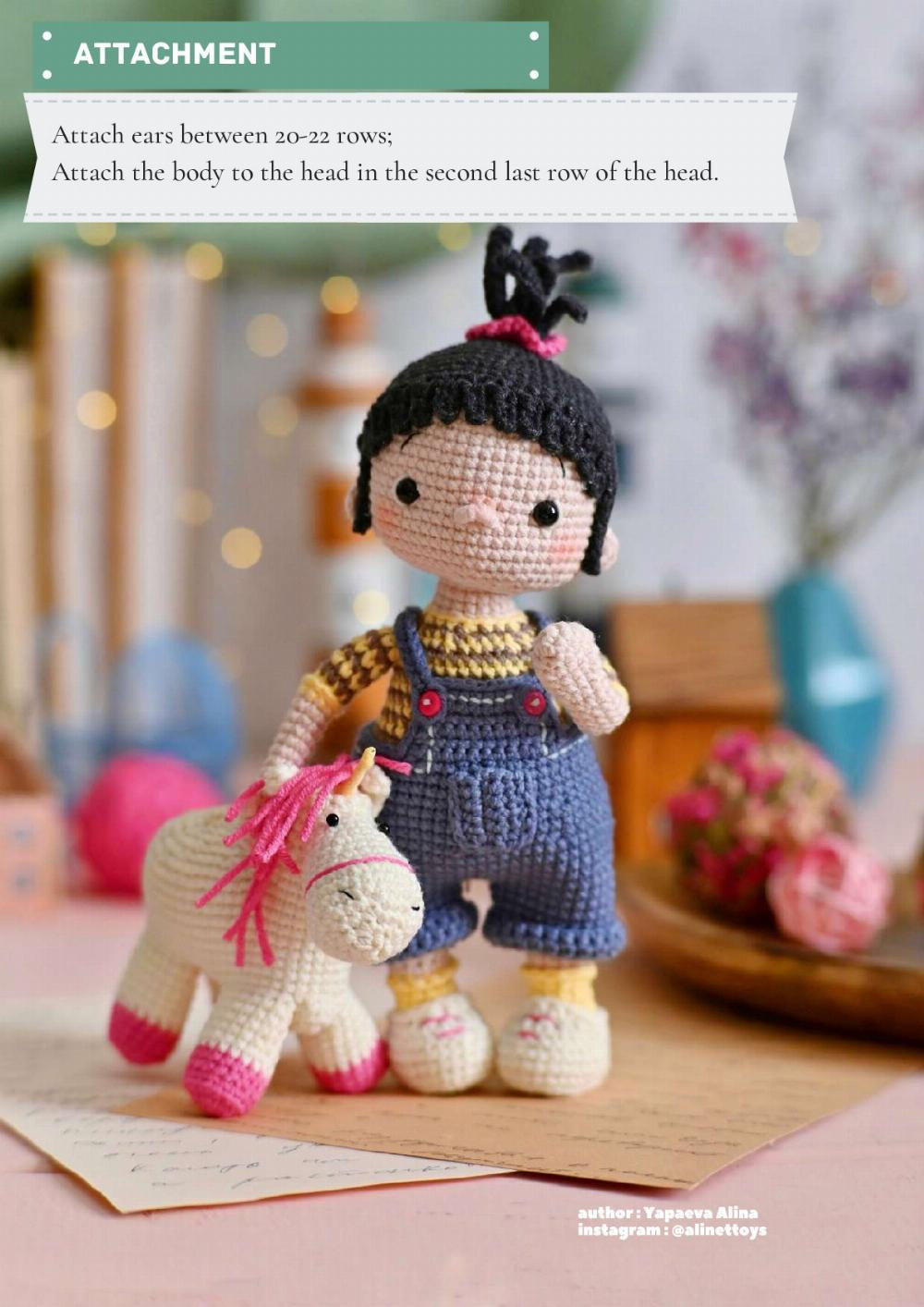 DOLL AGNES, Crochet pattern for a black-haired girl doll wearing overalls and a unicorn horse