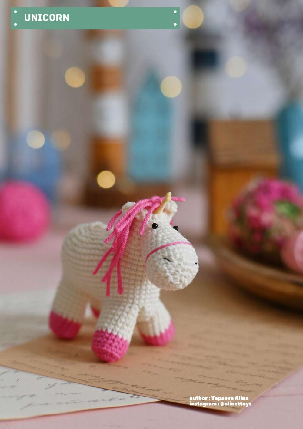 DOLL AGNES, Crochet pattern for a black-haired girl doll wearing overalls and a unicorn horse