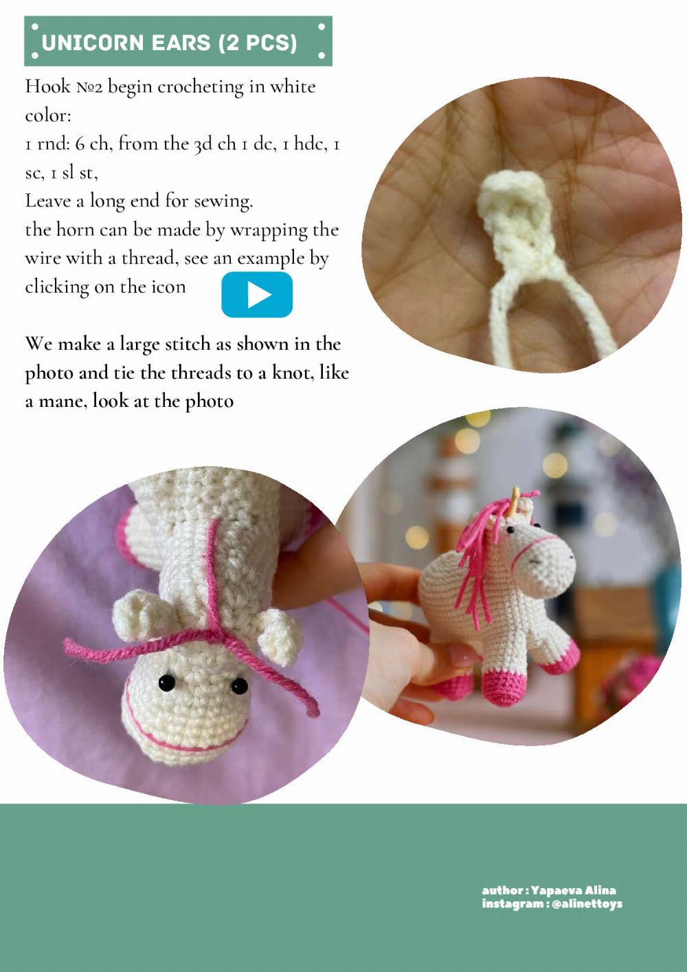 DOLL AGNES, Crochet pattern for a black-haired girl doll wearing overalls and a unicorn horse