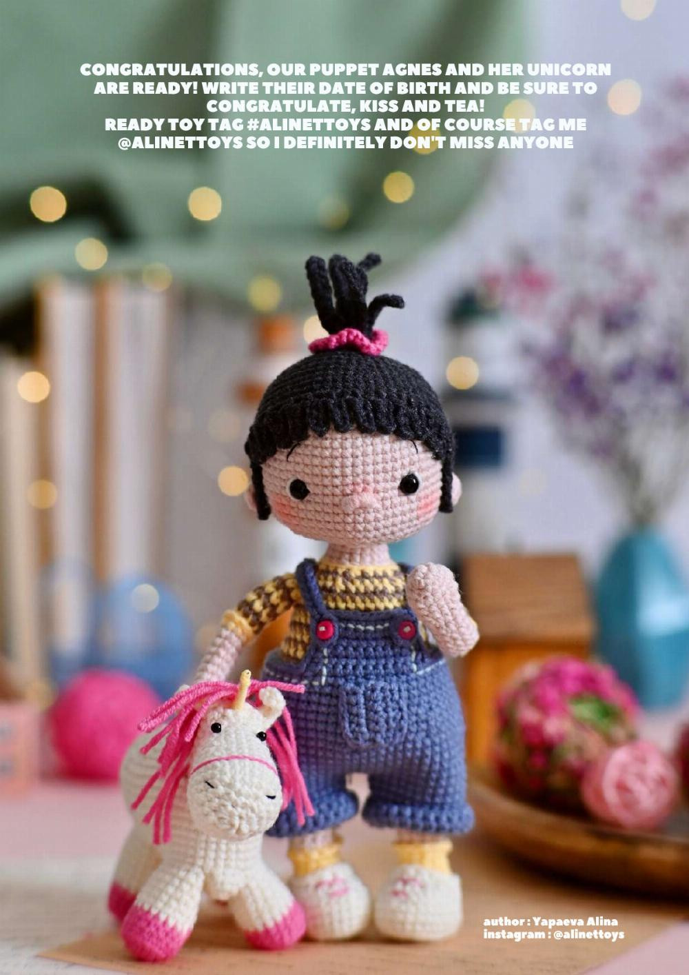 DOLL AGNES, Crochet pattern for a black-haired girl doll wearing overalls and a unicorn horse