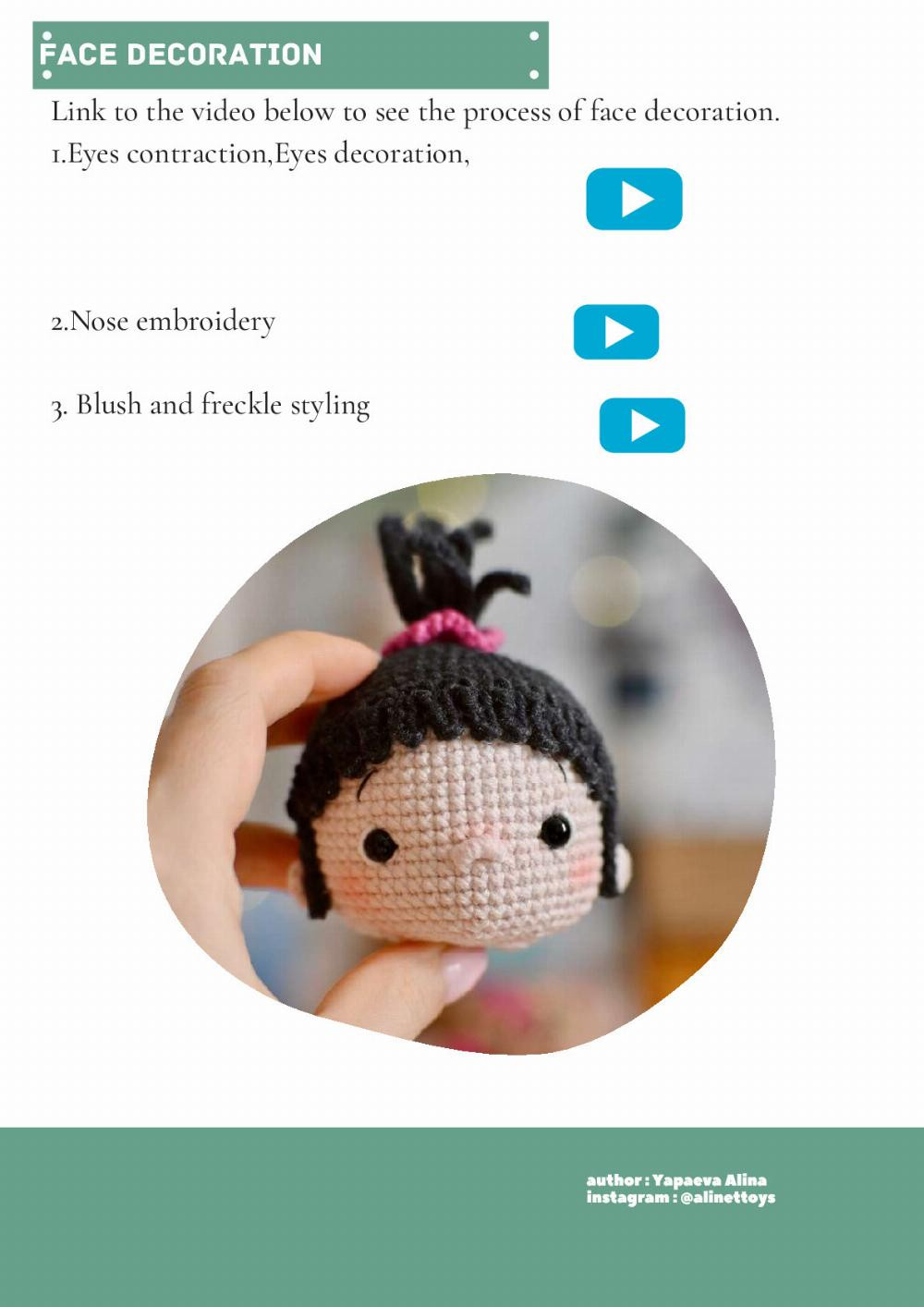 DOLL AGNES, Crochet pattern for a black-haired girl doll wearing overalls and a unicorn horse