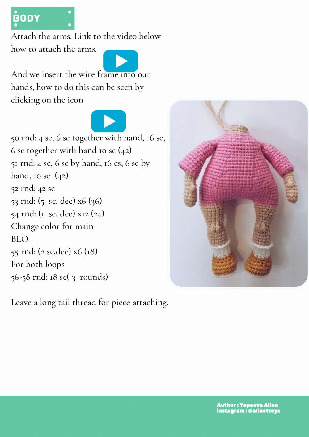 doll lili, Crochet pattern for a red-haired little girl doll wearing a hat and overalls, a dinosaur toy