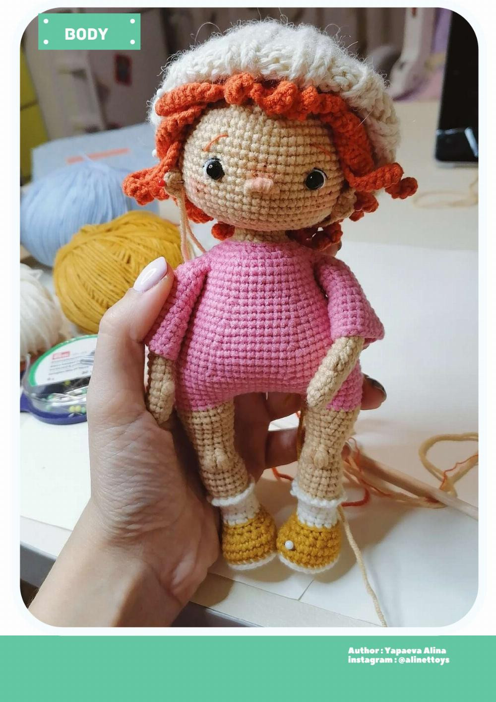 doll lili, Crochet pattern for a red-haired little girl doll wearing a hat and overalls, a dinosaur toy