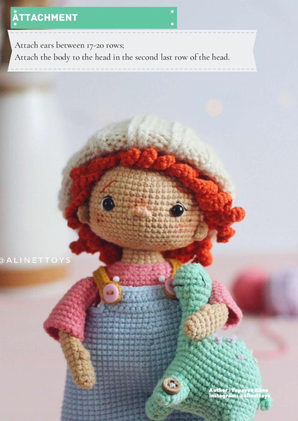 doll lili, Crochet pattern for a red-haired little girl doll wearing a hat and overalls, a dinosaur toy