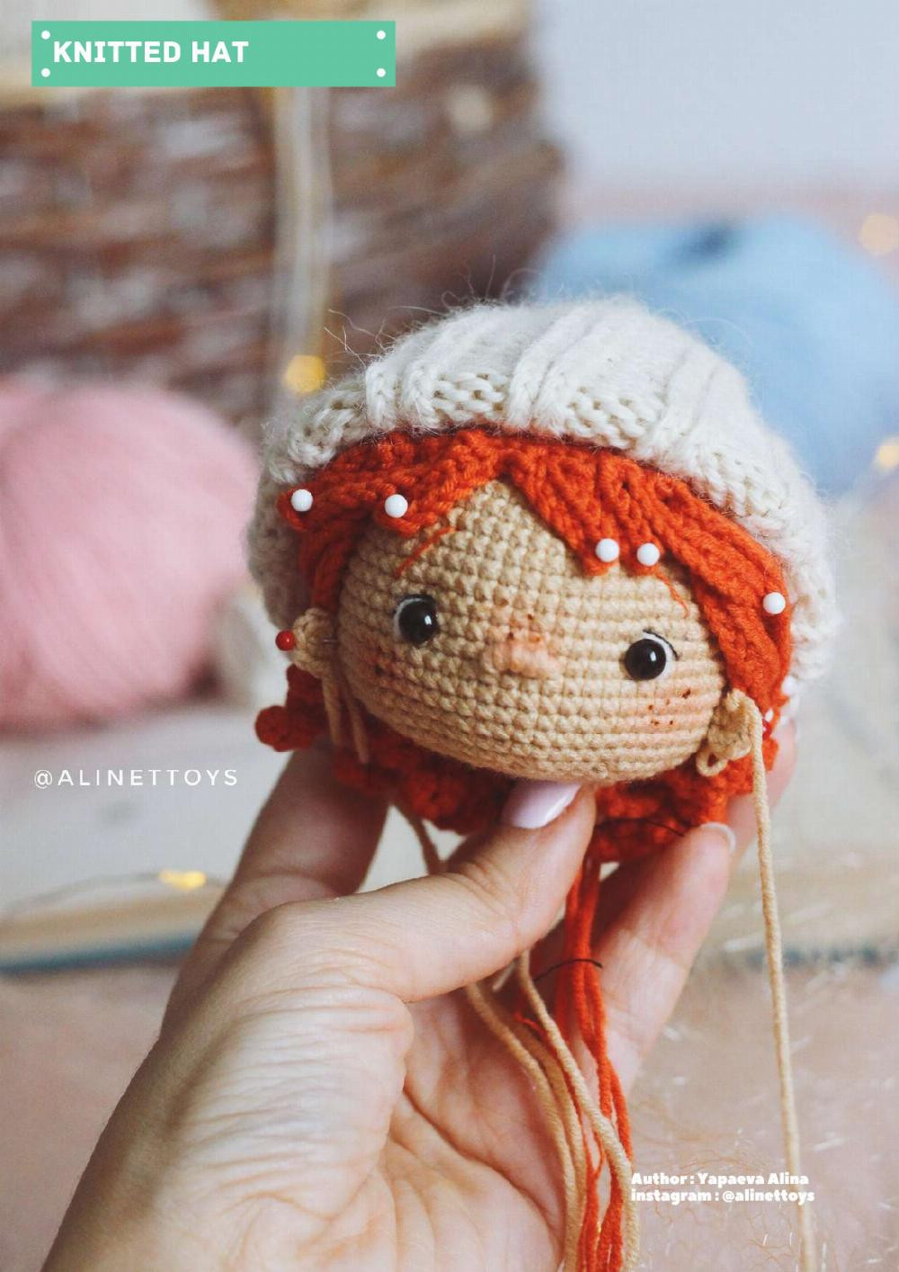 doll lili, Crochet pattern for a red-haired little girl doll wearing a hat and overalls, a dinosaur toy