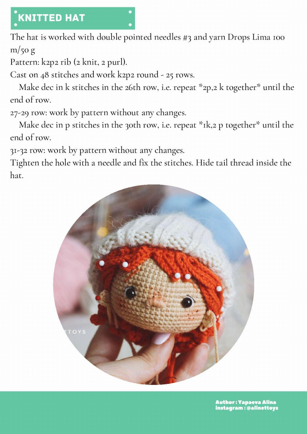 doll lili, Crochet pattern for a red-haired little girl doll wearing a hat and overalls, a dinosaur toy