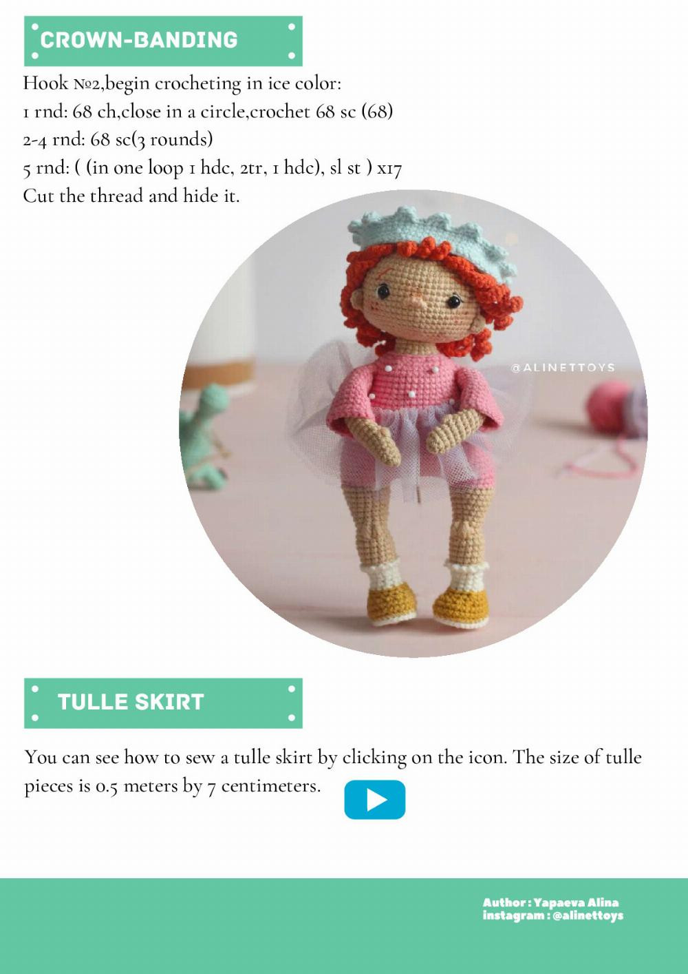 doll lili, Crochet pattern for a red-haired little girl doll wearing a hat and overalls, a dinosaur toy