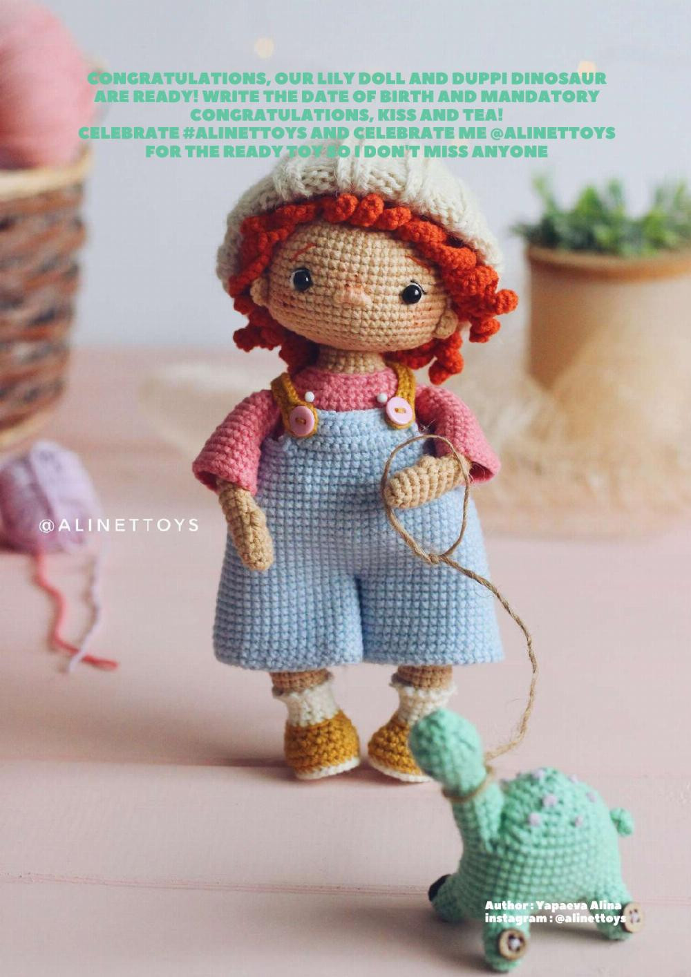 doll lili, Crochet pattern for a red-haired little girl doll wearing a hat and overalls, a dinosaur toy