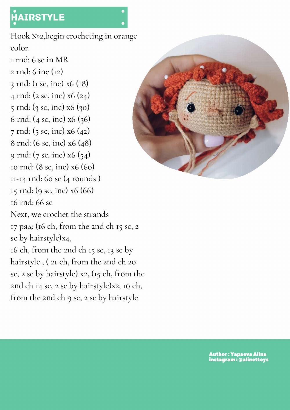 doll lili, Crochet pattern for a red-haired little girl doll wearing a hat and overalls, a dinosaur toy