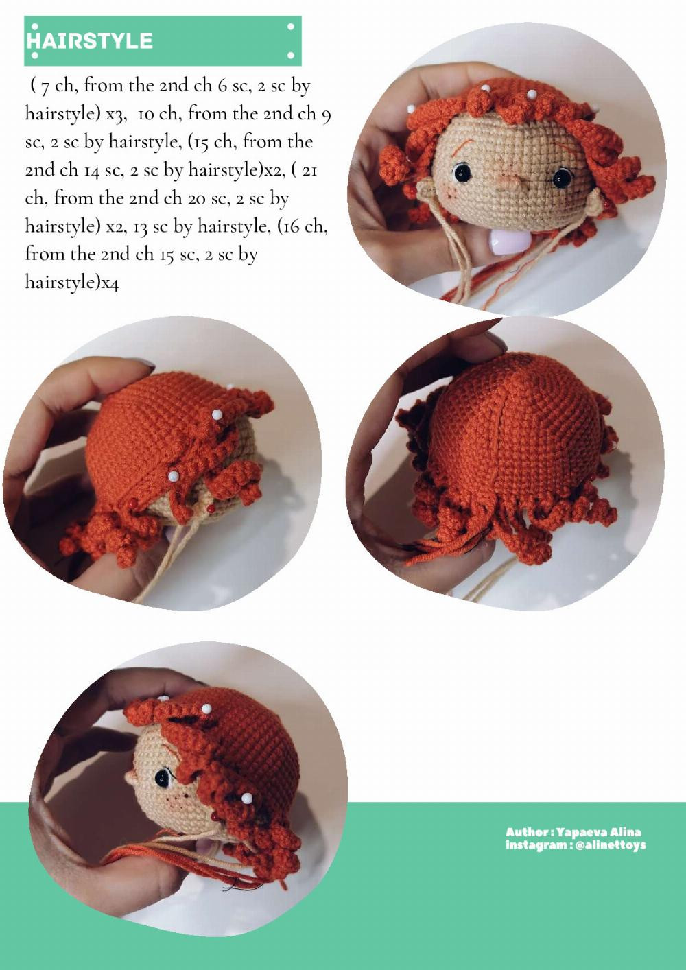 doll lili, Crochet pattern for a red-haired little girl doll wearing a hat and overalls, a dinosaur toy