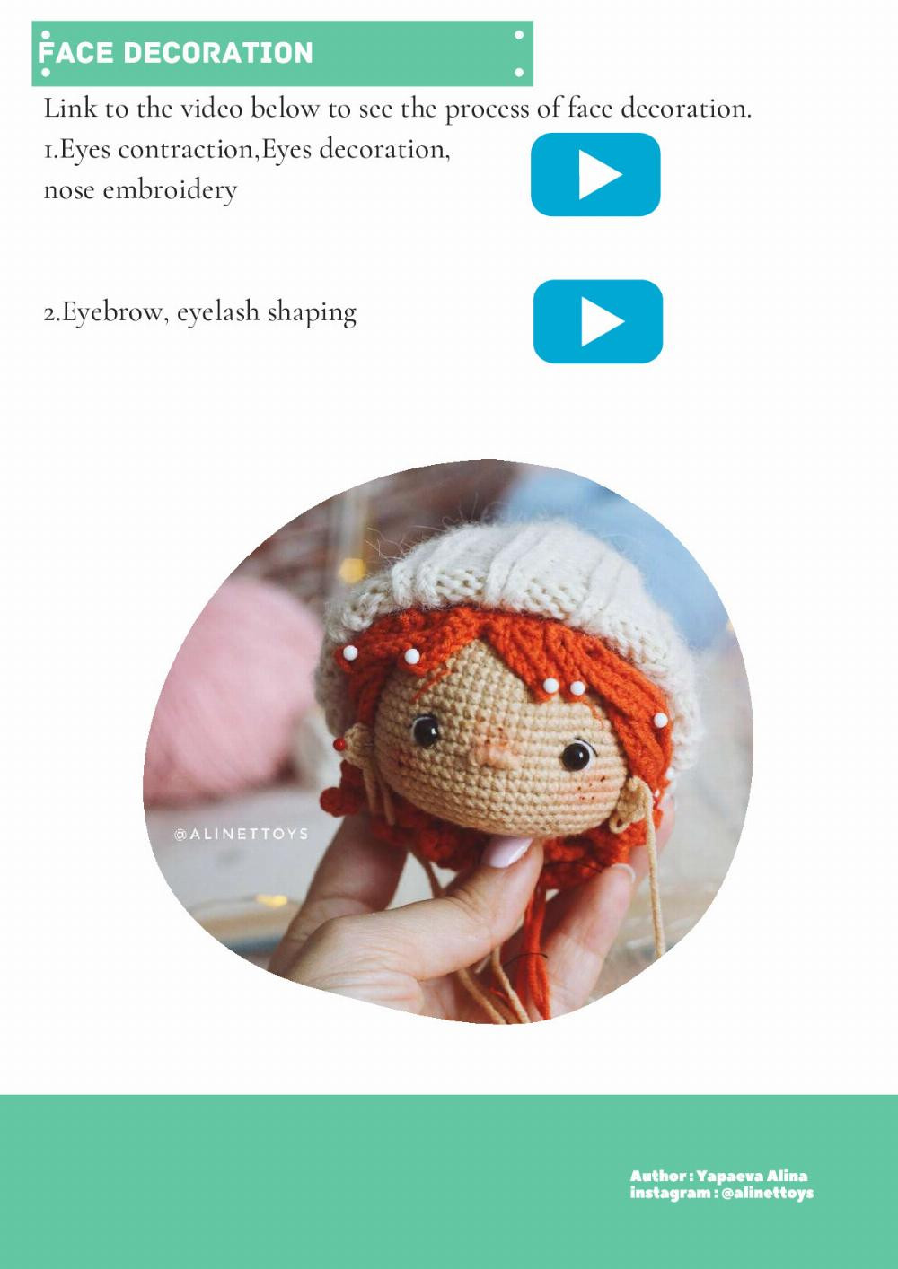 doll lili, Crochet pattern for a red-haired little girl doll wearing a hat and overalls, a dinosaur toy