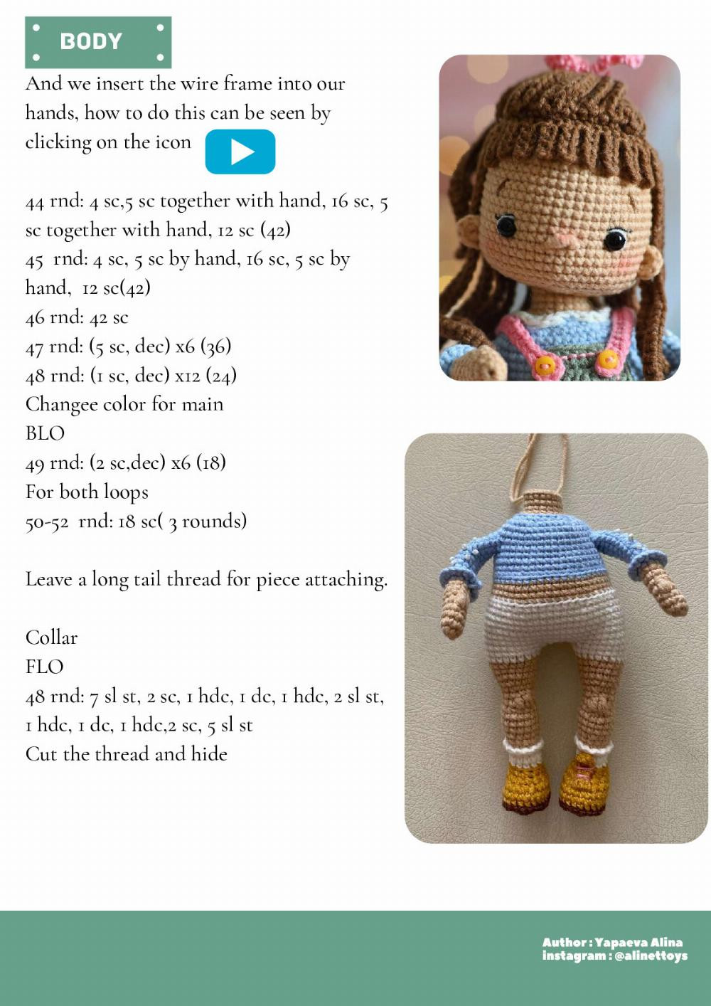 DOLL SALLY, Crochet pattern for a little girl doll wearing a pinafore with brown hair