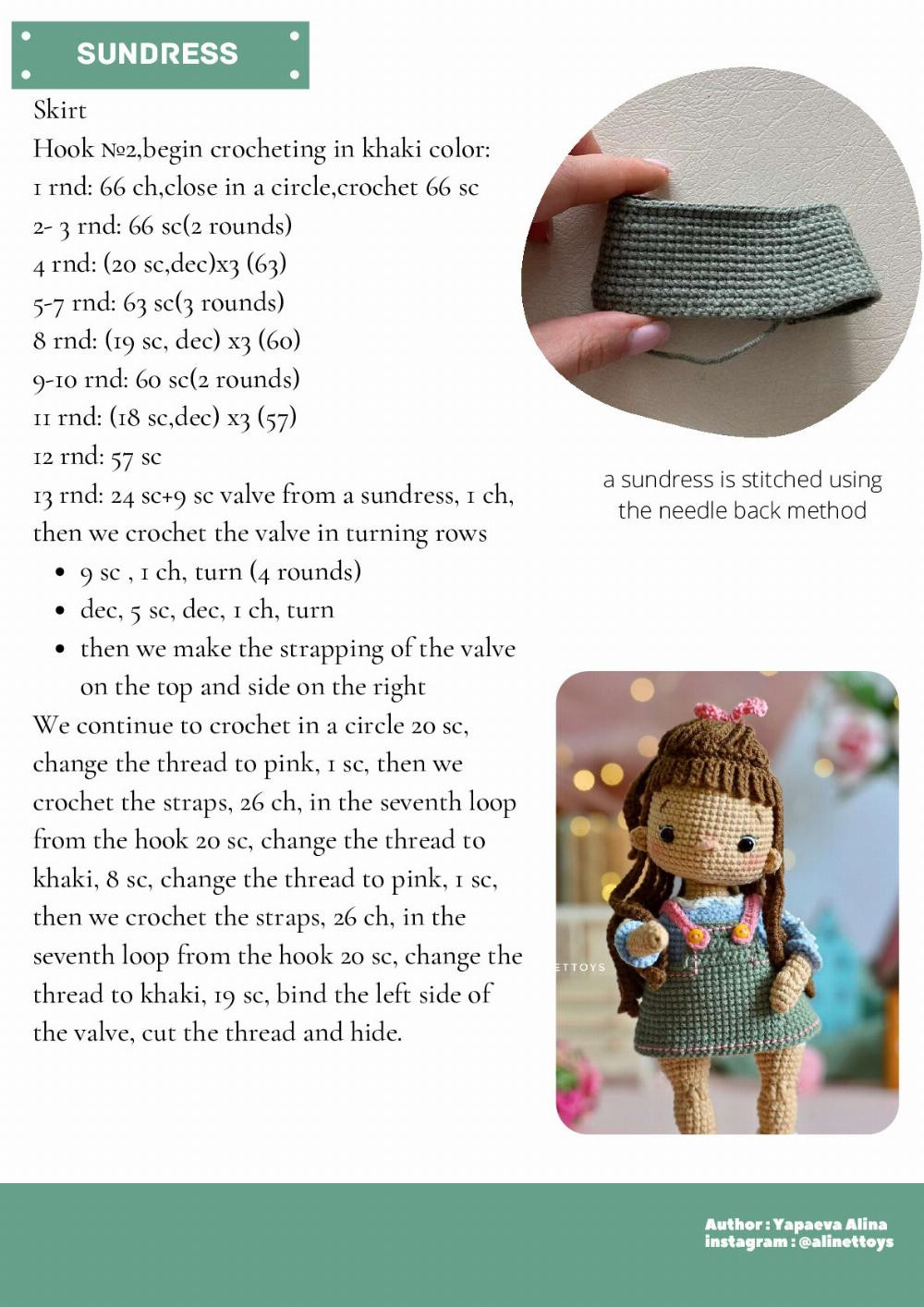 DOLL SALLY, Crochet pattern for a little girl doll wearing a pinafore with brown hair