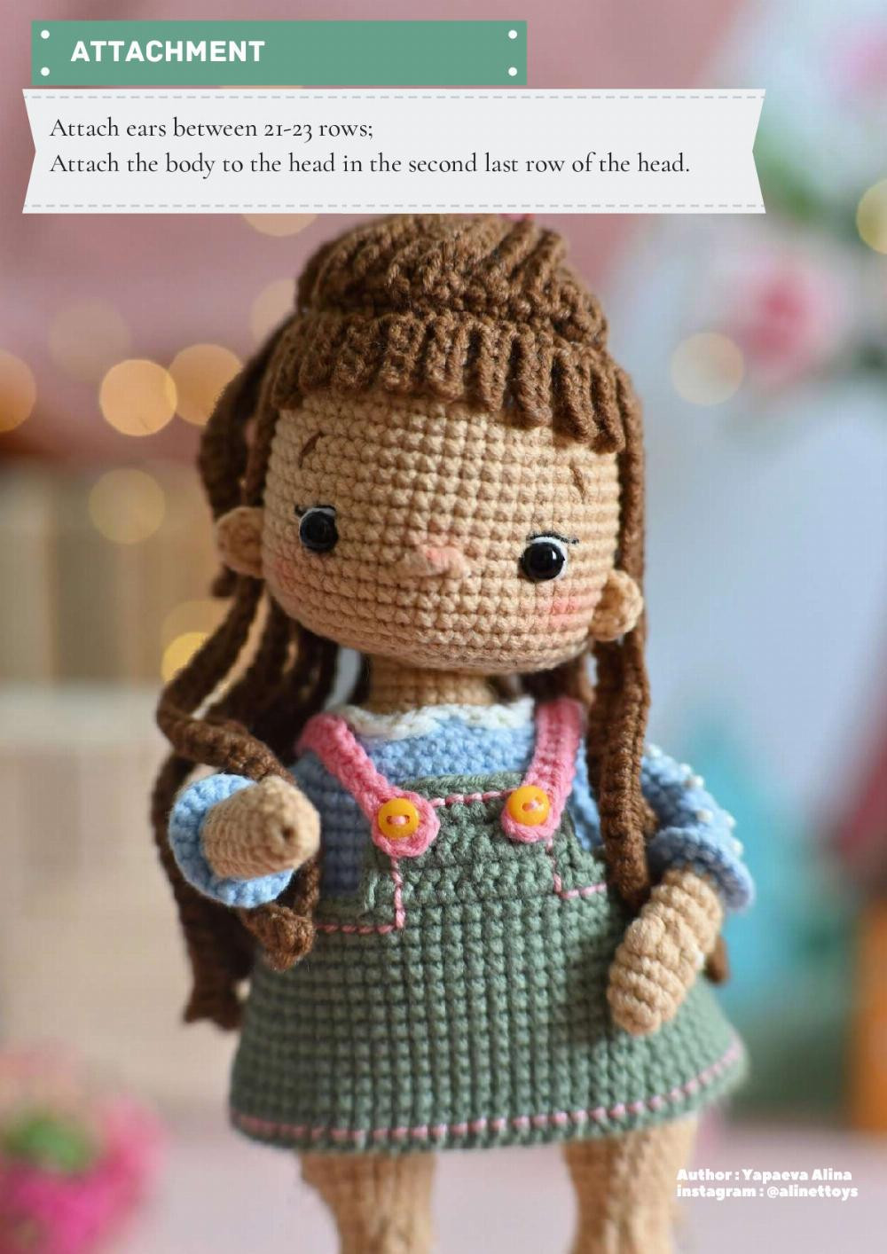 DOLL SALLY, Crochet pattern for a little girl doll wearing a pinafore with brown hair