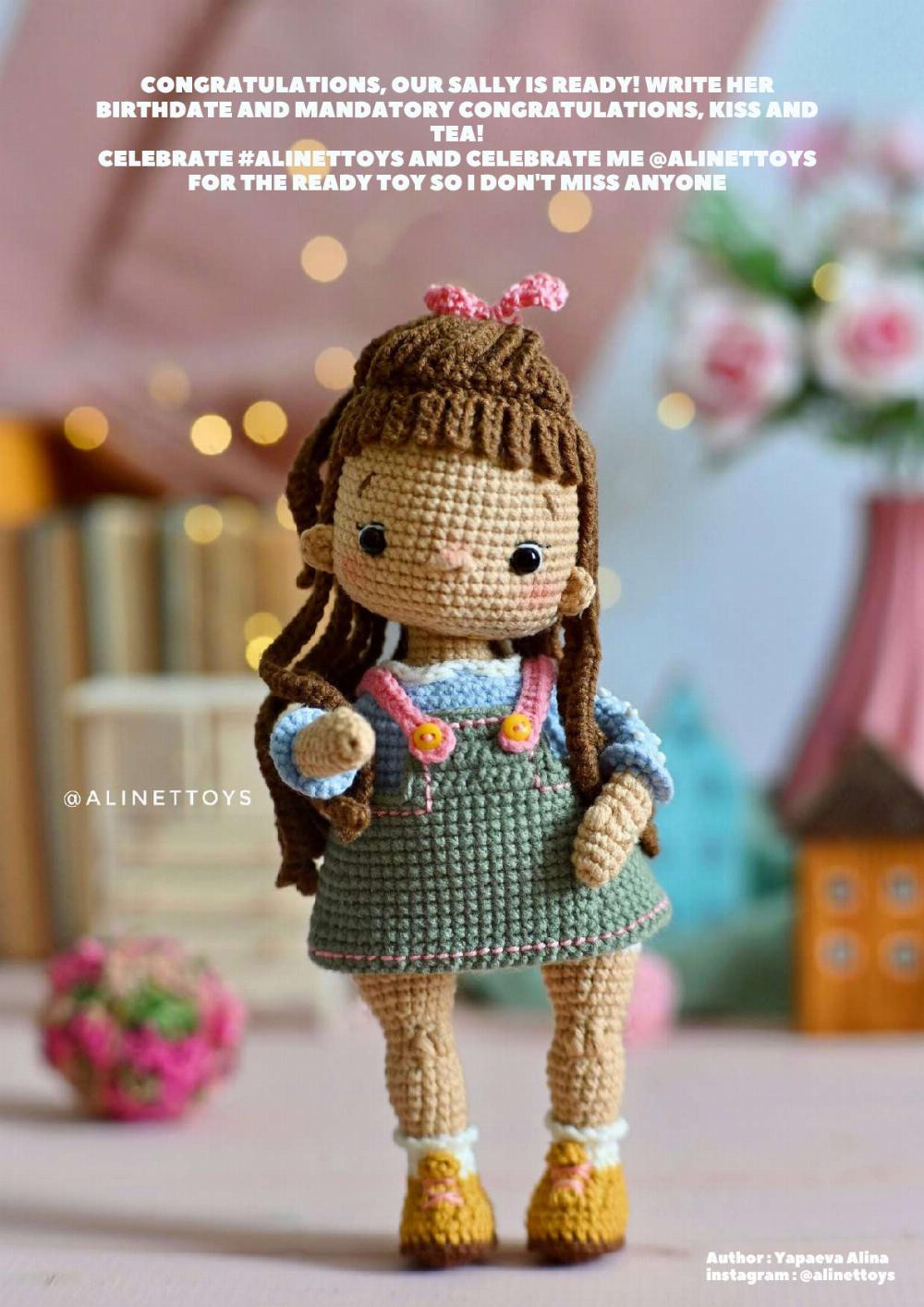 DOLL SALLY, Crochet pattern for a little girl doll wearing a pinafore with brown hair