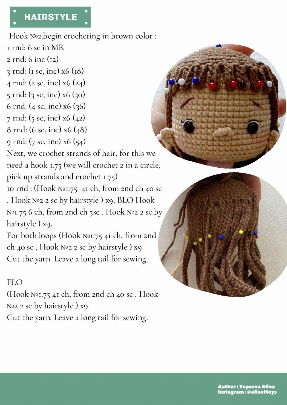 DOLL SALLY, Crochet pattern for a little girl doll wearing a pinafore with brown hair