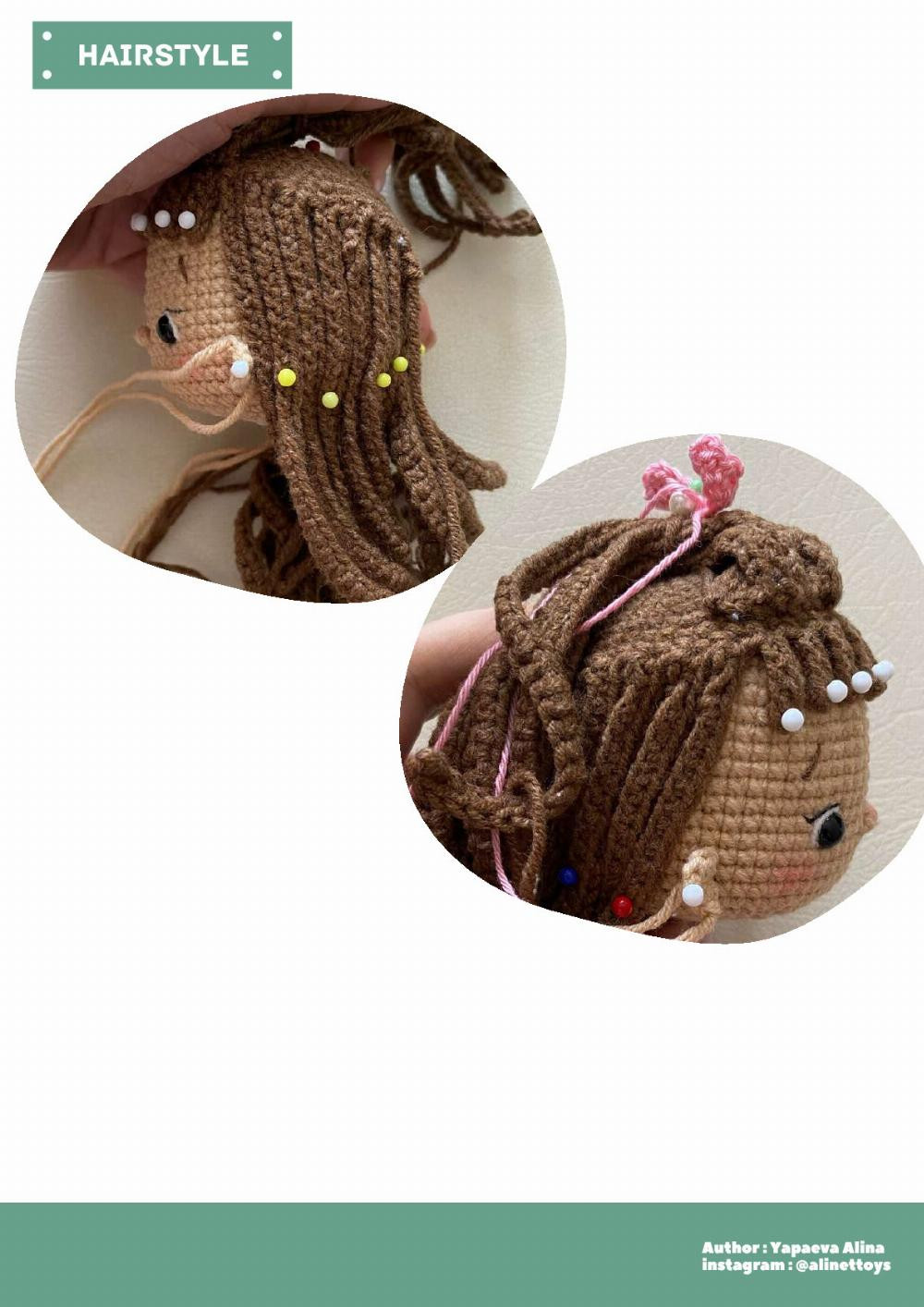 DOLL SALLY, Crochet pattern for a little girl doll wearing a pinafore with brown hair