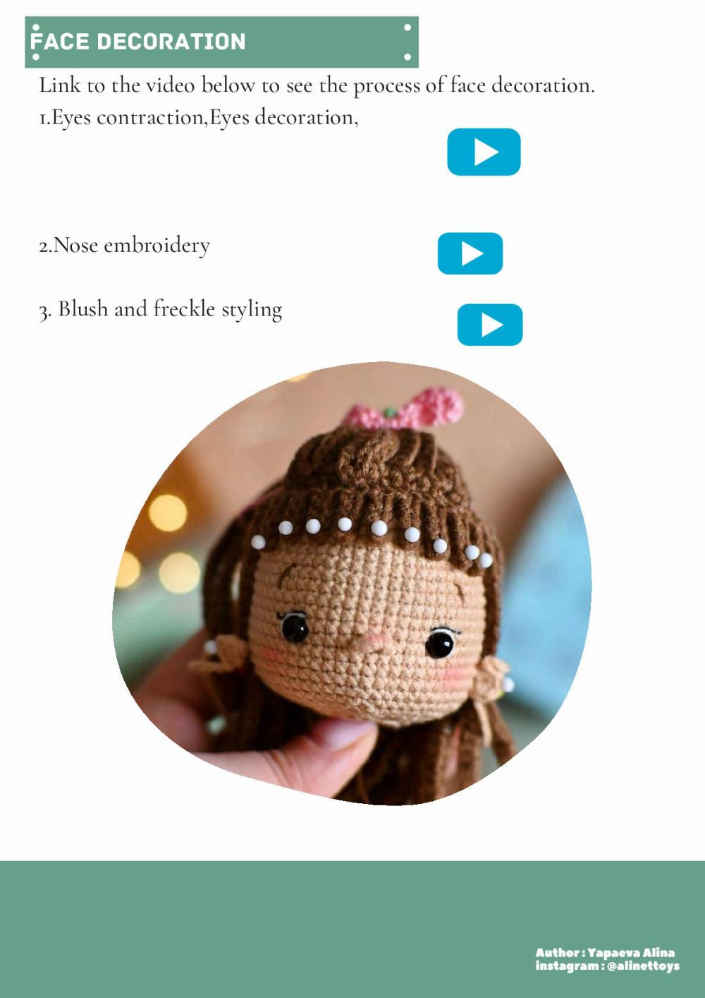 DOLL SALLY, Crochet pattern for a little girl doll wearing a pinafore with brown hair