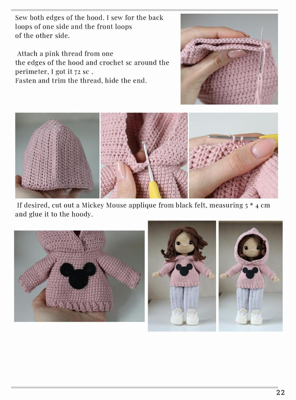 DOLL TATIANA crochet pattern, The doll wears a pink shirt and carries a backpack