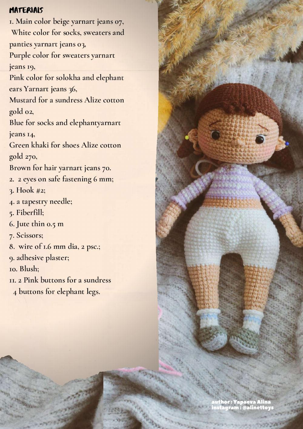 DOLLS MILLI AND MOLLI, Crochet pattern for baby girl doll wearing overalls and hairband