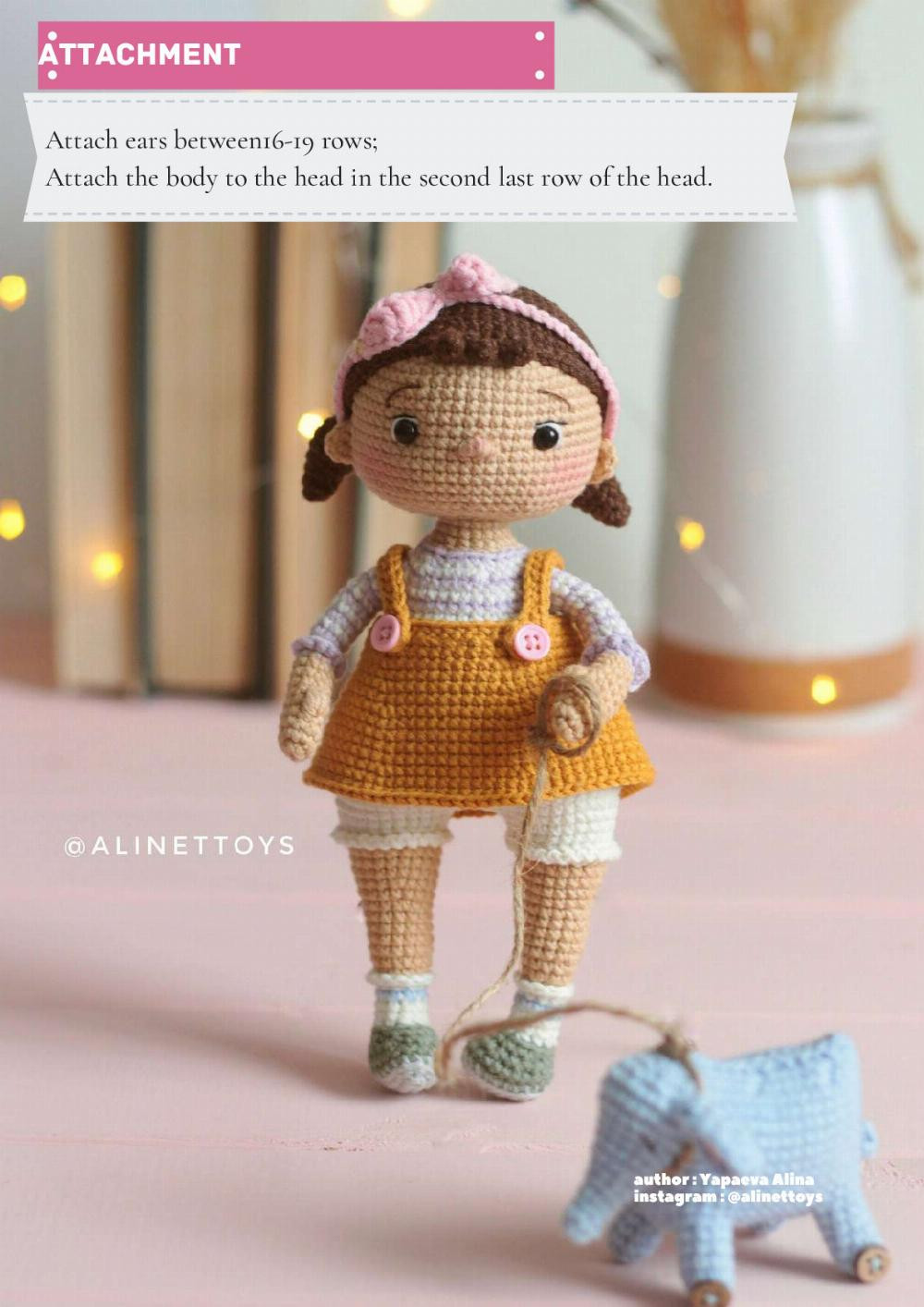 DOLLS MILLI AND MOLLI, Crochet pattern for baby girl doll wearing overalls and hairband