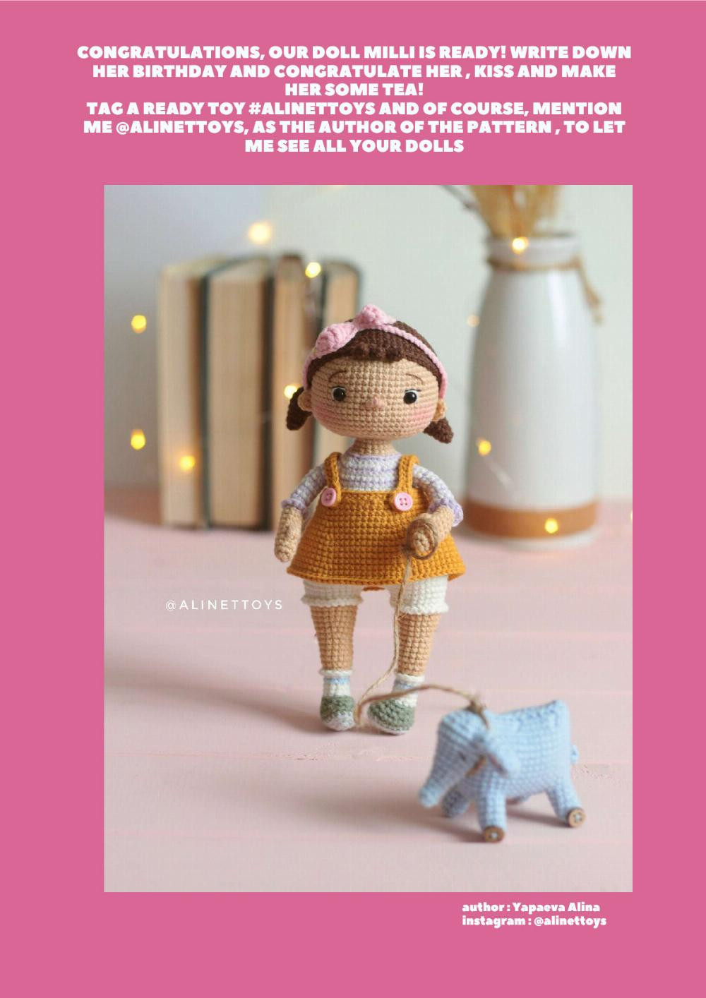 DOLLS MILLI AND MOLLI, Crochet pattern for baby girl doll wearing overalls and hairband