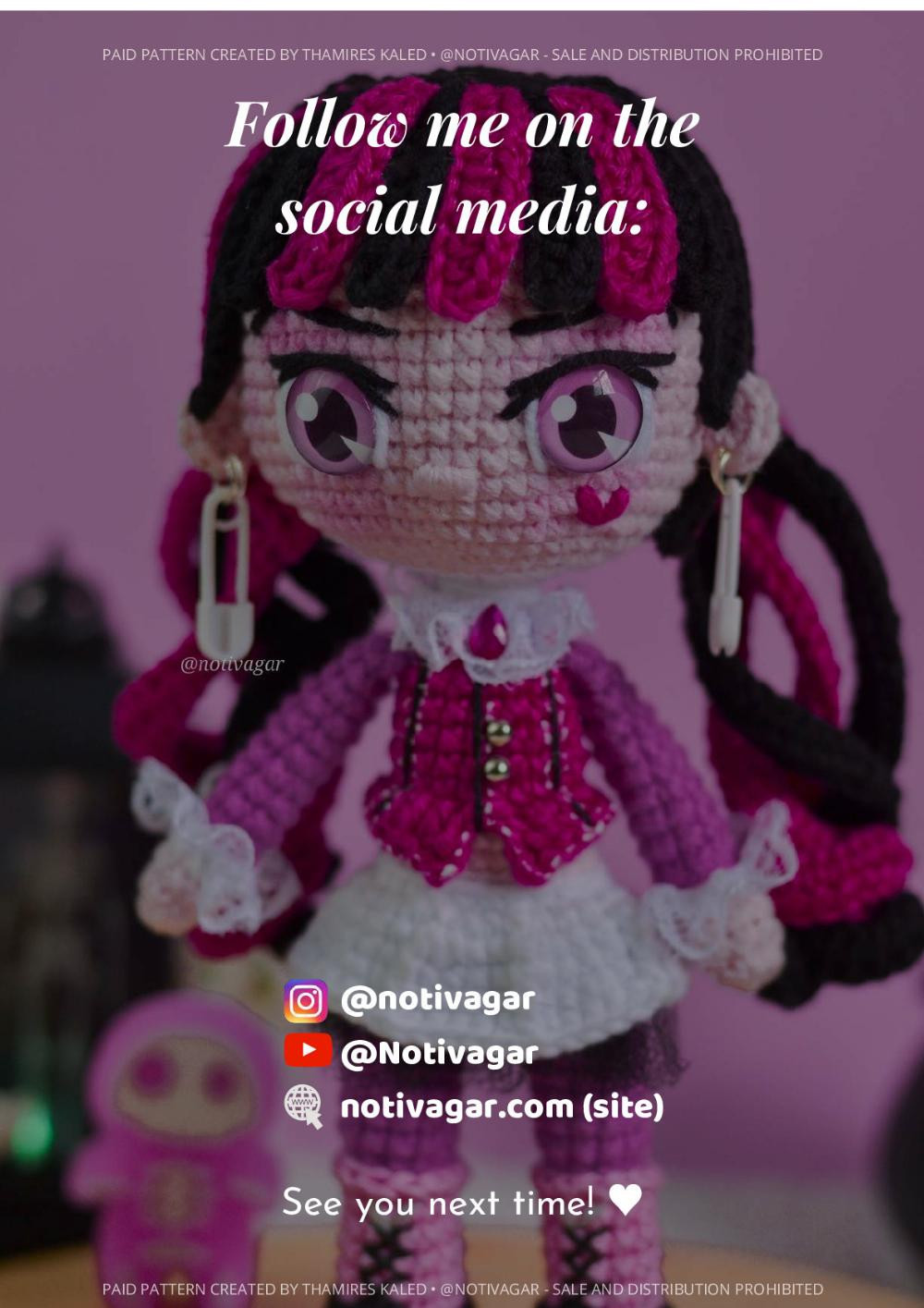 draculaura , Crochet pattern of girl wearing pink outfit, pink and black hair