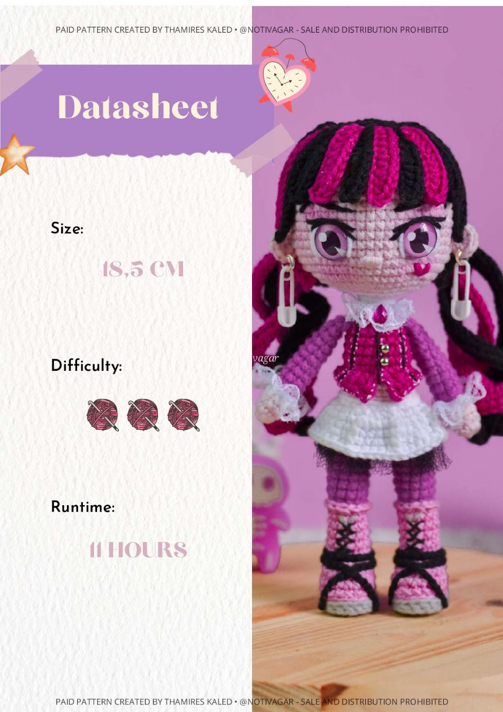 draculaura , Crochet pattern of girl wearing pink outfit, pink and black hair