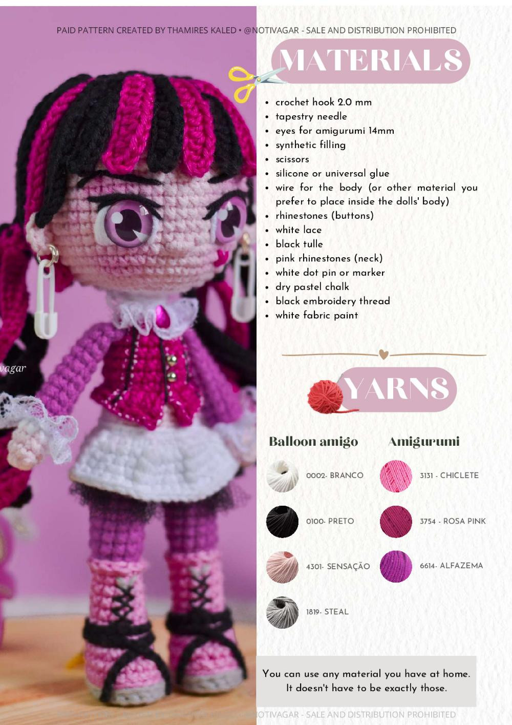 draculaura , Crochet pattern of girl wearing pink outfit, pink and black hair