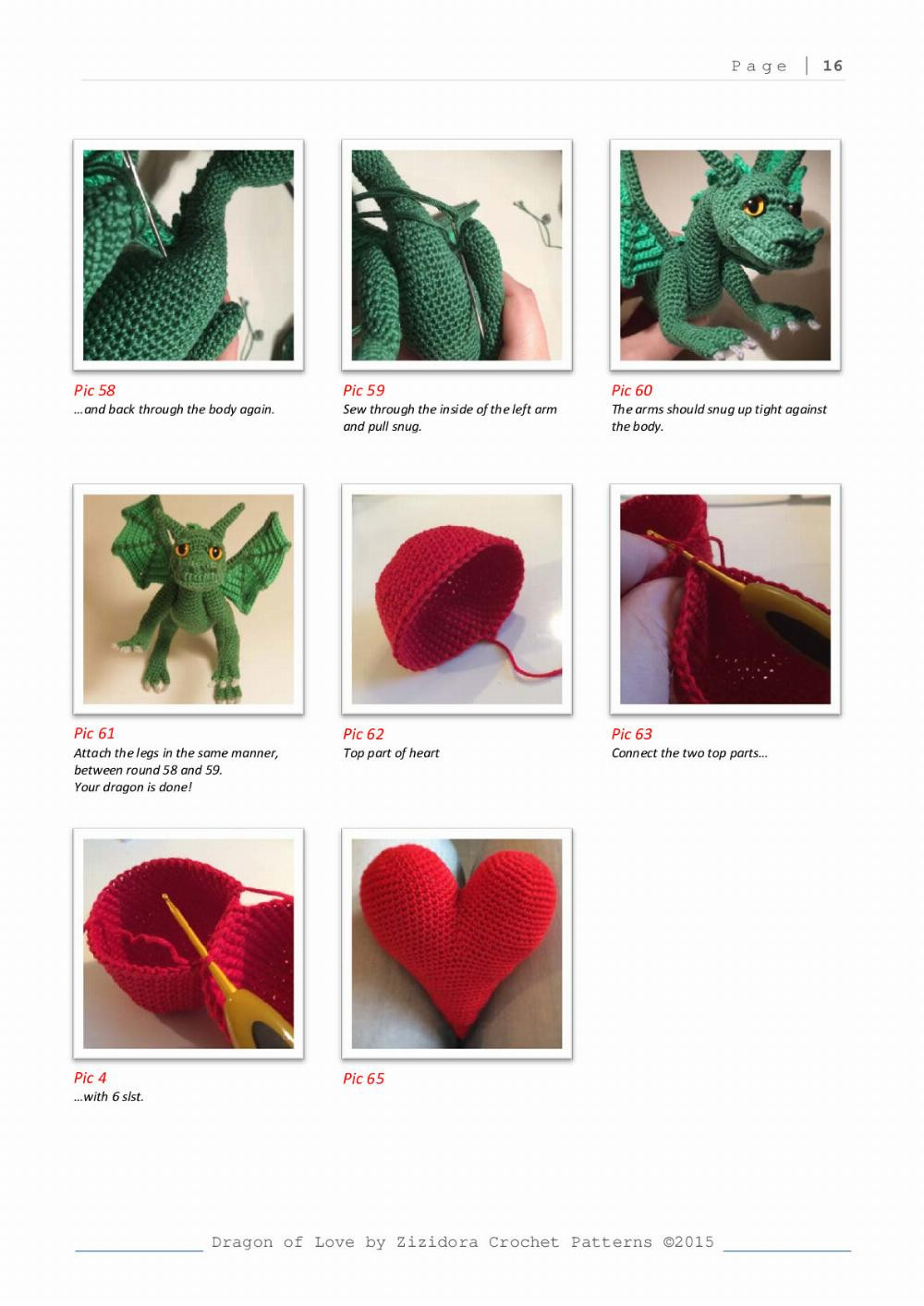 dragon of love, Blue dragon crochet pattern holding a red heart