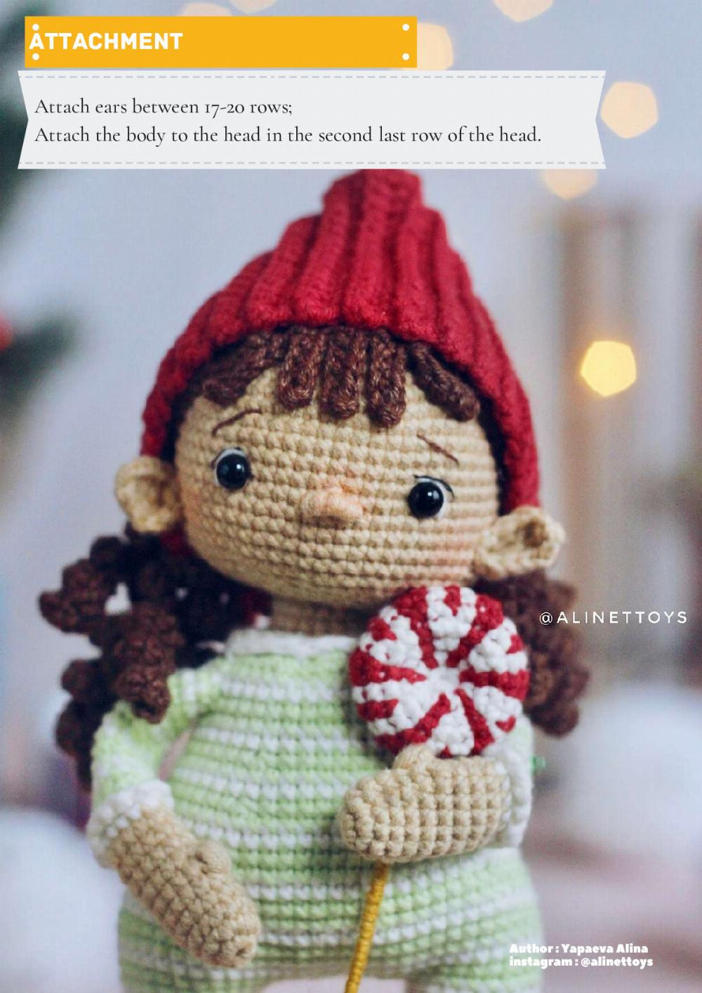 ELF DOLL DIDI , Crochet pattern for a little girl doll wearing a blue dress and a red hat