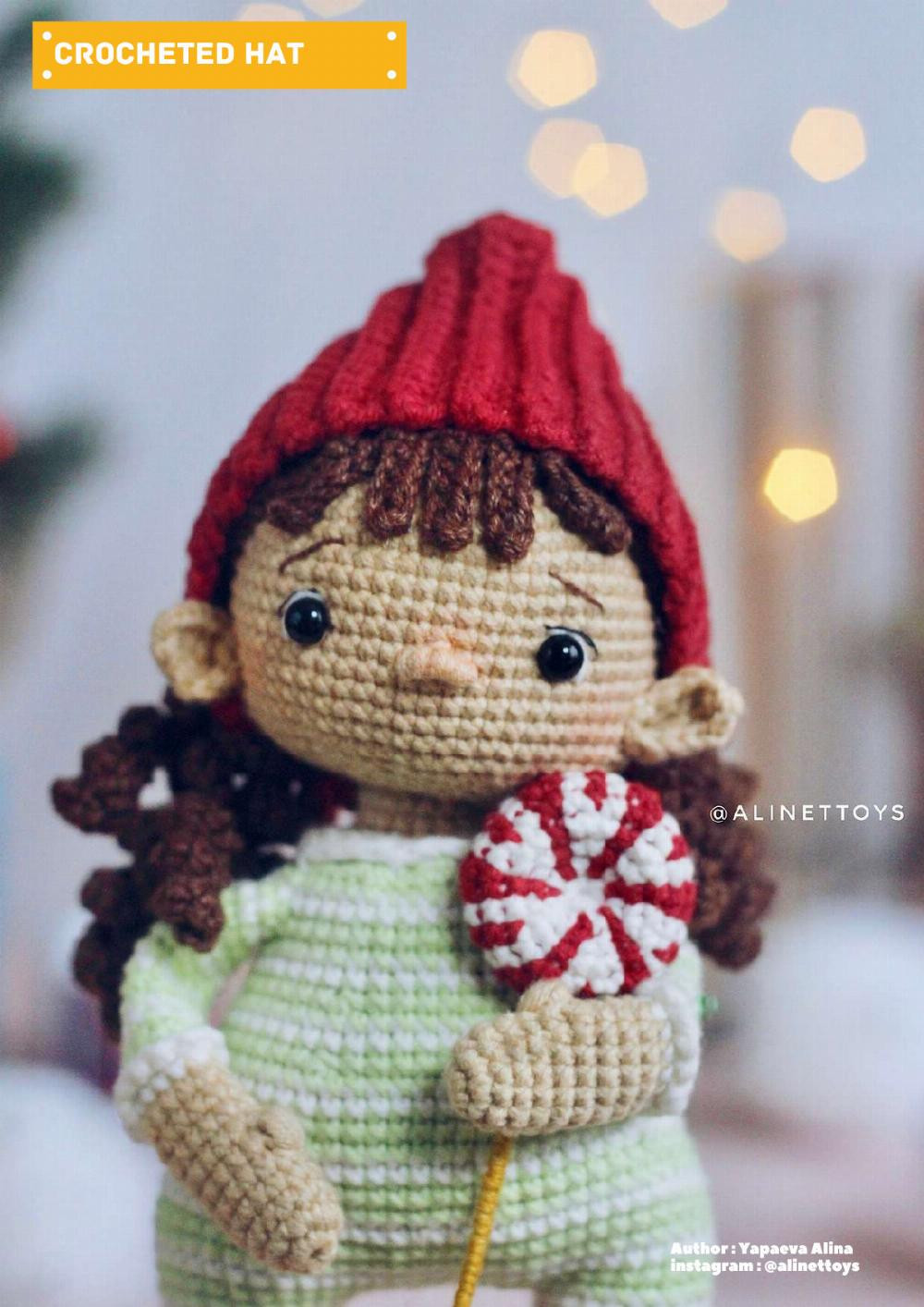 ELF DOLL DIDI , Crochet pattern for a little girl doll wearing a blue dress and a red hat