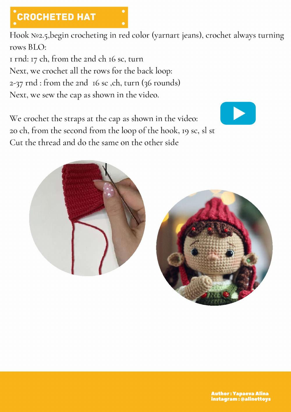 ELF DOLL DIDI , Crochet pattern for a little girl doll wearing a blue dress and a red hat