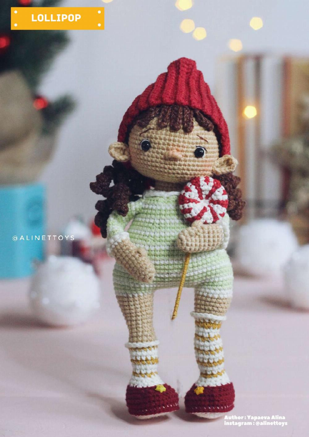 ELF DOLL DIDI , Crochet pattern for a little girl doll wearing a blue dress and a red hat