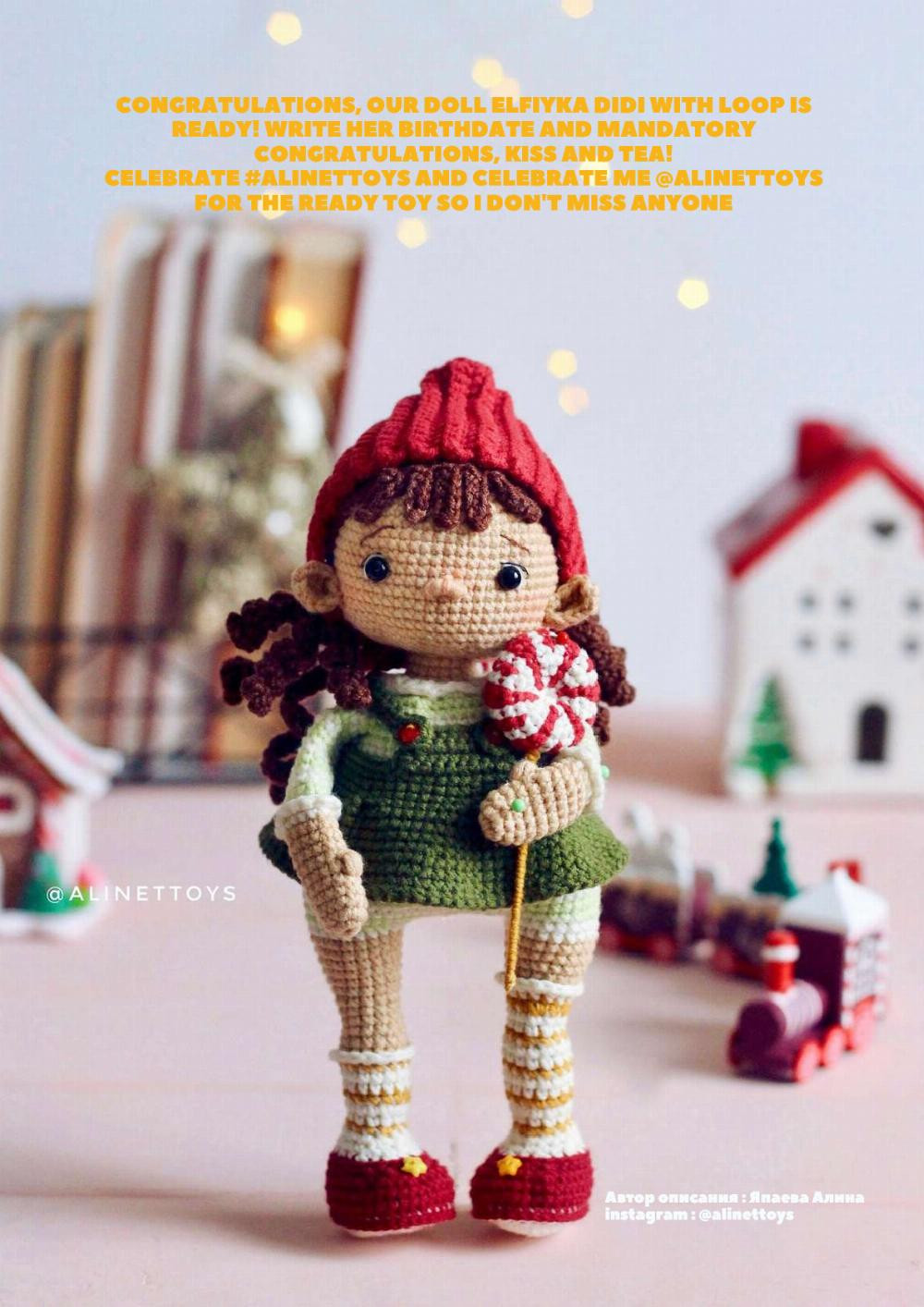 ELF DOLL DIDI , Crochet pattern for a little girl doll wearing a blue dress and a red hat