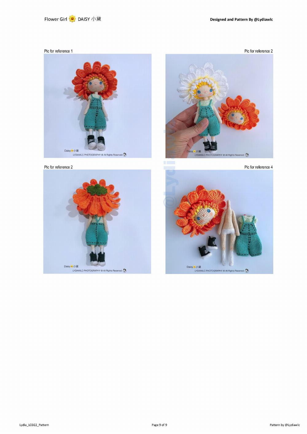 Flower Girl DAISY, Crochet pattern for a doll wearing a flower hat and overalls