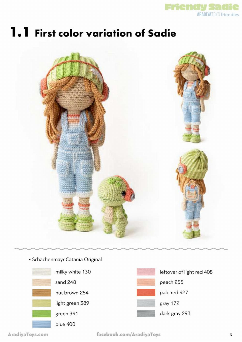 Friendy Sadie AradiyaToys friendies, Crochet pattern for a little girl doll wearing overalls, a beanie hat and headphones