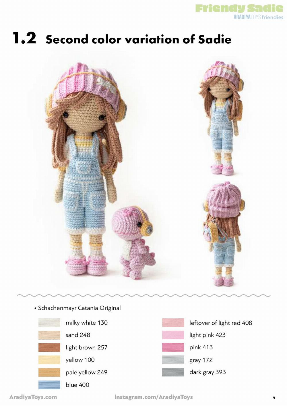 Friendy Sadie AradiyaToys friendies, Crochet pattern for a little girl doll wearing overalls, a beanie hat and headphones