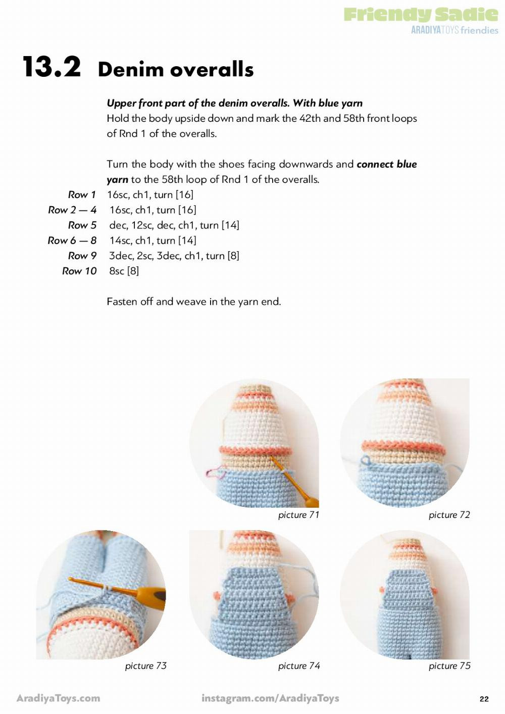 Friendy Sadie AradiyaToys friendies, Crochet pattern for a little girl doll wearing overalls, a beanie hat and headphones